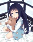  black_hair blue_eyes child computer feet harushin highres kami-sama_no_memo-chou kamisama_no_memochou long_hair monitor no_shoes shionji_yuuko smile solo stuffed_animal stuffed_toy teddy_bear very_long_hair 