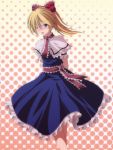  alice_margatroid alternate_hairstyle arms_behind_back blonde_hair blue_eyes blush bow capelet crossed_legs crossed_legs_(standing) dress hair_bow highres open_mouth ponytail s-syogo sash sitting solo touhou 