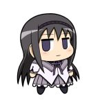  akemi_homura black_hair blush chibi flat_gaze hairband long_hair lowres magical_girl mahou_shoujo_madoka_magica pantyhose purple_eyes ribbon simple_background solo tegakifuni violet_eyes 