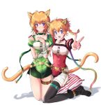  :d animal_ears bandage bandages blush cat_ears cat_tail choker echizen fire_emblem fire_emblem:_akatsuki_no_megami hand_on_own_chest hand_to_chest hug kneeling lethe lyre_(fire_emblem) multiple_girls open_mouth orange_hair pillow purple_eyes short_hair siblings side_slit sisters sitting sitting_on_pillow smile tail tattoo thigh-highs thigh_strap thighhighs v violet_eyes 