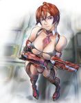  bare_shoulders belt blue_eyes breasts choker cleavage cleavage_cutout detached_sleeves earrings eyeshadow fingerless_gloves fingernails from_above gloves gun highres jewelry kz_(na8c) large_breasts makeup nail_polish original red_hair redhead shiny shiny_clothes shiny_skin short_hair smile solo standing thighhighs trigger_discipline weapon 