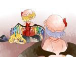  :3 =_= aenobas ascot bat_wings blonde_hair bow braid closed_eyes comic dress eyes_closed flandre_scarlet from_behind hair_bow hammer_(sunset_beach) hat hat_removed headwear_removed kirisame_marisa lavender_hair lying multiple_girls on_stomach open_mouth red_eyes remilia_scarlet short_hair silent_comic sitting sitting_on_person smile touhou wings witch witch_hat 
