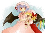  aenobas arm_hug ascot blonde_hair blouse blue_background bow brooch cling color comic dress flandre_scarlet hair_bow hammer_(sunset_beach) hat jewelry lavender_hair multiple_girls red_eyes remilia_scarlet short_hair siblings side_ponytail silent_comic sisters smile touhou wings wrist_cuffs 
