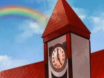  aenobas blue_sky clock clock_tower comic error hammer_(sunset_beach) no_humans rainbow rooftop silent_comic sky touhou tower 