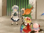  aenobas blonde_hair blush bow braid flandre_scarlet gate hair_bow hammer_(sunset_beach) hat hong_meiling izayoi_sakuya maid maid_headdress multiple_girls pushing remilia_scarlet siblings side_ponytail sisters surprised touhou tsundere twin_braids 