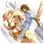  1boy akiman album_cover andrew_wk bad_id brown_hair colony cover earth floating gundam gundam_rock highres jeans long_hair male mecha mobile_suit_gundam planet rx-78-2 shoes sneakers solo space_station t-shirt watch yasuda_akira 