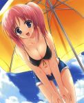  :d absurdres bikini_top blue_eyes breasts cleavage cloud copyright_request cutoffs denim denim_shorts erect_nipples front-tie_top hanging_breasts highres large_breasts leaning_over lens_flare misakura_nankotsu navel open_fly open_mouth parasol pink_hair red_hair short_shorts shorts sky smile solo thigh_gap umbrella unzipped 