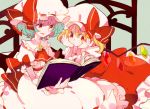  :/ ascot bat_wings bed blonde_hair blue_hair blush book brooch chin_rest dress flandre_scarlet hagiko hat jewelry multiple_girls on_stomach pink_dress reading red_dress red_eyes remilia_scarlet short_hair siblings side_ponytail sisters sitting skirt smile touhou wings wrist_cuffs wristband 