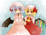  aenobas ascot blonde_hair blouse bow brooch comic dress flandre_scarlet grabbing hair_bow hammer_(sunset_beach) hat jewelry lavender_hair multiple_girls red_eyes remilia_scarlet short_hair siblings side_ponytail silent_comic sisters skirt smile touhou wings 