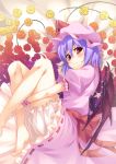  absurdres bare_legs barefoot bloomers bow bz_(pixiv) dress fetal_position flower hat highres kokonoe_shuu large_bow lavender_hair leg_hug looking_at_viewer lying on_side red_eyes remilia_scarlet rose solo touhou vines wings wrist_cuffs 