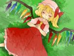  aenobas ascot blonde_hair blouse bow closed_eyes comic eyes_closed flandre_scarlet grass hair_bow hammer_(sunset_beach) hands_on_chest hands_on_own_chest hat lying on_back resting side_ponytail silent_comic skirt skirt_set sleeping smile solo touhou wings 