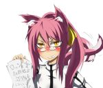  angry blazblue blush bust cat_ears cat_eyes cat_tail fang female glasses kokonoe labcoat long_hair minakage multiple_tails pince-nez pink_hair ponytail ribbon solo tail translation_request yellow_eyes yellow_ribbon 