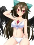  1girl between_breasts bikini black_hair black_wings blush bow breasts cleavage front-tie_top hair_bow hair_flip long_hair red_eyes reiuji_utsuho simple_background solo suterii swimsuit third_eye touhou very_long_hair white_bikini wings 