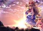  absurdres bare_shoulders blonde_hair bow chain chains clone cloud giantess gourd hair_bow highres horn_ribbon horns ibuki_suika long_hair mountain multiple_girls multiple_persona orange_hair ribbon sinchi skirt sky smile sun sunset touhou yellow_eyes 