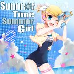  blush bow hair_bow highres kagamine_rin one-piece_swimsuit school_swimsuit swimsuit temari_(artist) temari_(deae) vocaloid water_gun wink 