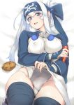  1girl ainu_clothes bed_sheet black_legwear blue_eyes carrot erect_nipples headband highres kamoi_(kantai_collection) kantai_collection long_hair long_sleeves looking_at_viewer lying on_back open_mouth panties potato smile solo thick_eyebrows thigh-highs underwear white_hair white_panties yui.h 