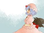  aenobas bow brooch comic dress hammer_(sunset_beach) hand_on_stomach hat jewelry large_bow lavender_hair open_mouth profile red_eyes remilia_scarlet short_hair silent_comic smile solo touhou wings 