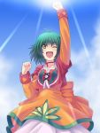  ;d antenna_hair arm_up bolero choker clenched_hands cropped_jacket dress farah_oersted green_hair happy messy_hair open_mouth orange_dress raised_arm raised_fist shiwasu_gatsu shiwasuzuki short_hair sky smile solo sunlight tales_of_(series) tales_of_eternia wink 