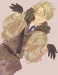  ahoge america_(hetalia) axis_powers_hetalia blonde_hair closed_eyes eyes_closed glasses gloves jacket male necktie saudade1231 shrug simple_background solo terasa_(yukimi) 