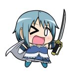  :d blue_hair blush chibi lowres magical_girl mahou_shoujo_madoka_magica miki_sayaka open_mouth short_hair simple_background smile solo sword tegakifuni thighhighs weapon wink 