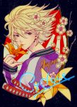  blonde_hair cherry_blossoms ivan_karelin jacket katana letterman_jacket male mouth_hold origami paper_crane pinwheel purple_eyes purple_jacket short_hair solo svz_eliza sword tiger_&amp;_bunny violet_eyes weapon 