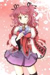  black_legwear bow brooch butterfly cheria_barnes deta-mxproject dress eating food highres jewelry pink_hair ribbon short_hair short_twintails smile solo tales_of_(series) tales_of_graces thigh-highs thighhighs twintails wink yellow_eyes 