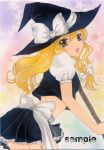  :o acrylic_paint_(medium) blonde_hair bow braid colored_pencil_(medium) crop_top eyelashes from_behind hair_bow hat highres kirisame_marisa large_bow leaning_forward looking_back marituin open_mouth pastel_(medium) sample side_braid skirt solo touhou traditional_media witch witch_hat yellow_eyes 