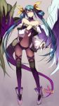  bare_shoulders blue_hair boots bow dizzy guilty_gear hair_bow hair_ornament long_hair midriff navel necro pink_eyes simple_background tail thigh-highs thighhighs twintails undine wings 
