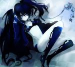  bikini_top black_hair black_rock_shooter black_rock_shooter_(character) blue_eyes boots headphones jewelry knee_boots long_hair necklace on_back pale_skin sayaomu scar short_shorts shorts solo twintails 