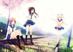  3girls blonde_hair bow brown_eyes brown_hair cardigan cherry_blossoms coffee-kizoku cure_girl grass hoshimiya_miyu kneehighs kunimura_kotone loafers multiple_girls nanjou_rena original panties petals railroad_tracks school_uniform serafuku shiramine_rika shoes sky socks tree underwear wind_lift 