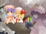  aenobas blonde_hair bow braid closed_eyes comic crescent eyes_closed flandre_scarlet grey hair_bow hammer_(sunset_beach) hat izayoi_sakuya lavender_hair long_hair multiple_girls muted_color muted_colors patchouli_knowledge purple_eyes purple_hair red_eyes remilia_scarlet short_hair side_ponytail silent_comic silver_hair smile touhou violet_eyes wings 