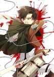  1boy belt black_eyes black_hair blood boots cape dual_wielding emblem jacket levi_(shingeki_no_kyojin) nishinomiya_saku shingeki_no_kyojin short_hair solo sword thigh_strap three-dimensional_maneuver_gear uniform weapon white_background wire 