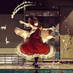  absurdres ascot bird black_legwear bow brown_eyes brown_hair cherry_blossoms detached_sleeves dove dress embellished_costume frills gohei hair_bow hair_tubes hakurei_reimu highres jq leaf long_hair miko ofuda pantyhose petals shide solo touhou water 