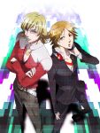 2boys bad_id barnaby_brooks_jr belt blonde_hair brown_eyes brown_hair crossed_arms crossover etoile0 glasses green_eyes hanamura_yousuke headphones houndstooth jacket jewelry male multiple_boys necklace persona persona_4 perspective red_jacket school_uniform short_hair studded_belt tiger_&amp;_bunny 