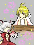  angel_wings arufe breasts chibi cleavage cleavage_cutout closed_eyes eyes_closed final_fantasy final_fantasy_tactics head_wings open_mouth ramza_beoulve robe short_hair silver_hair tears tegaki thigh-highs thighhighs ultima_(fft) white_mage white_mage_(fft) wings 