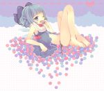  babydoll bad_id bare_legs barefoot blue_eyes blue_hair bow candy capelet child cirno eating feet flat_chest hair_bow legs lingerie lying maki_(natoriumu) midriff negligee on_back panties see-through short_hair side-tie_panties solo touhou underwear underwear_only wings wink 