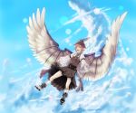  adapted_costume animal_ears baten_(gei-vorugu) belt closed_eyes cloud dress eyes_closed flying frilled_sleeves hat highres large_wings mystia_lorelei pink_hair sandals short_hair sky solo touhou umaten wide_sleeves wings 