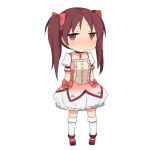  adapted_costume alternate_hairstyle chibi cosplay dress hair_ribbon kaname_madoka kaname_madoka_(cosplay) kneehighs knt31 long_hair magical_girl mahou_shoujo_madoka_magica red_eyes red_hair redhead ribbon sakura_kyouko simple_background solo tsuzuya_(knt31) twintails white_legwear 