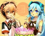  blue_eyes blue_hair bracelet cake food food_on_face headphones headset hibiki_lui jewelry miyadevil open_mouth orange_eyes orange_hair ring_suzune suzune_ring vocaloid 