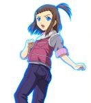  blue_eyes braid brown_hair glowing glowing_eyes hair_ornament hairclip jeans kaburagi_kaede man_dam one_side_up side_ponytail simple_background spoilers tiger_&amp;_bunny vest white_background 