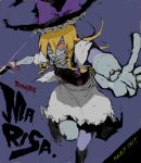  blonde_hair blood blue_background bracelet braid character_name crazy crazy_eyes english fangs grey_skin grin hat heterochromia jewelry kirisame_marisa knife looking_at_viewer necklace pageratta pumpkin scar skull smile solo stitches touhou witch witch_hat zombie 