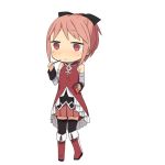  adapted_costume alternate_hairstyle black_legwear boots bow chibi cosplay detached_sleeves eating hair_bow kaname_madoka knt31 magical_girl mahou_shoujo_madoka_magica pink_eyes pink_hair pocky ponytail sakura_kyouko sakura_kyouko_(cosplay) short_hair short_ponytail simple_background skirt solo thigh-highs thighhighs tsuzuya_(knt31) zettai_ryouiki 