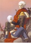  blue_eyes boots cape chaps duo fingerless_gloves gloves grey_eyes grin highres jacket k9999 king_of_fighters midriff sitting smile snk white_hair 