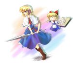  alice_margatroid blonde_hair blue_dress blue_eyes blush book boots bow capelet cross-laced_footwear doll dress dress_shirt hair_bow hair_ornament hairband lace-up_boots lance polearm role_reversal shanghai_doll shirt short_hair solo spear touhou weapon 