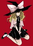  :p alternate_costume between_legs black_dress blonde_hair bow capelet cross dress footwear hand_between_legs hat hat_bow jewelry kirisame_marisa large_bow long_hair necklace pearl_necklace petticoat simple_background sitting socks solo tongue touhou wariza wavy_hair white_legwear witch witch_hat yellow_eyes 