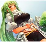  bike_shorts blush breasts dutch_angle face female green_hair large_breasts long_hair midriff navel original payot ponytail sachito shorts solo sumi-chan_(sachito) very_long_hair yellow_eyes 