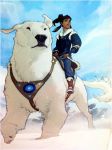  avatar blue_eyes brown_hair dark_skin dog fur_trim fusion hair_tubes harness korra legend_of_korra naga_(avatar) nickelodeon official_art polar_bear riding saddle snow winter_clothes 