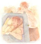  ahoge arm_support arm_up axis_powers_hetalia brown_hair driving eating food green_eyes happy leaning male motor_vehicle multiple_boys open_mouth pants pon_(cielo) short_hair sitting southern_italy_(hetalia) spain_(hetalia) standing tomato truck vehicle wind 