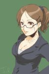  brown_eyes brown_hair bust cleavage collarbone earrings face formal glasses hair_ornament hairclip jewelry lips office_lady original ponytail signature simple_background skirt_suit solo suit toshi_(tsujigiri_style) 