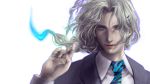  bishounen blue_eyes blue_fire blue_flame fire formal glowing glowing_eyes grey_hair long_hair male necktie pale_skin ponytail realistic silver_hair simple_background solo suit tiger_&amp;_bunny white_background xilla yuri_petrov 